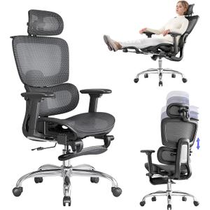 Office Chair with Footrest, Ergonomic Chair with 3D Headrest, Computer Chair with Adjustable Backrest & 3D Armrest, Gaming Chair with Adaptive Lumbar Support, Mesh Backrest & Cushion, Black, 19.7" W x 18.9" D x 48" H