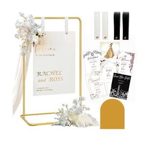 Wedding Sign Holder, Adjustable Welcome to Our Wedding Sign Stand W/Design Bundle & Leather Sign Hanging Straps, Heavy Duty Easel Stand for Sign, Wedding Seating Chart Stand, Easel for Display (Gold)