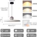 40cm Modern LED Pendant Light, 36W Dimmable Ceiling Hanging Lamp, 3000K/4500K/6000K, Height Adjustable, Metal Round Chandelier for Dining Room, Living Room, Bedroom (Silver + White)