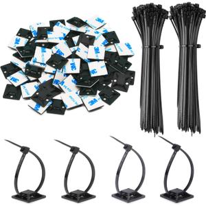 100 Pack 1.1 inch Zip Tie Adhesive Mounts Self Adhesive Cable Tie Base Holders with Multi-Purpose Tie wire clips with screw hole,Anchor stick on wire holder with 8 inch zip tiesBlack