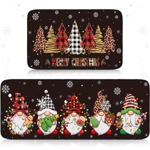 Christmas Kitchen Rugs Sets of 2 Santa Claus Snow Gnome Non Slip Floor Mat Low Profile Plaid Winter Decorative Christmas Rug for Indoor Home Decorations, 17x29 and 17x47 Inch (Tree)
