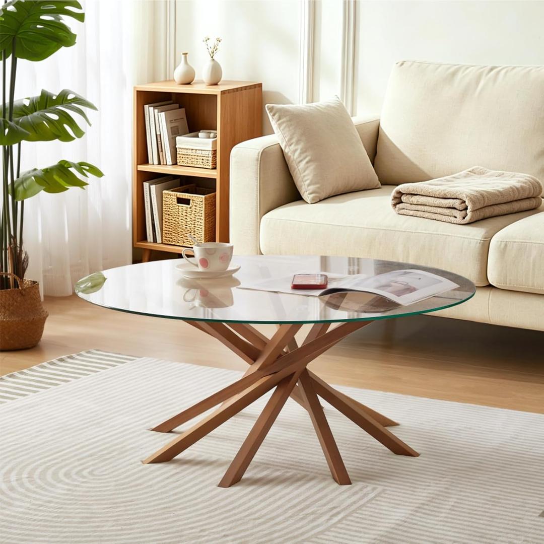 Round Glass Coffee Table-Mid Century Modern Solid Wood Coffee Table | Unique Glass Top&Solid Wood Mortise Interlocking Starburst Legs Design for Living Room,Office,Hotel Lobby