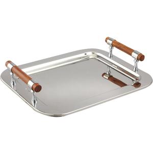 Stainless Steel Rectangular Tray with Wood Handles, 16.5 by 13-Inch, Silver