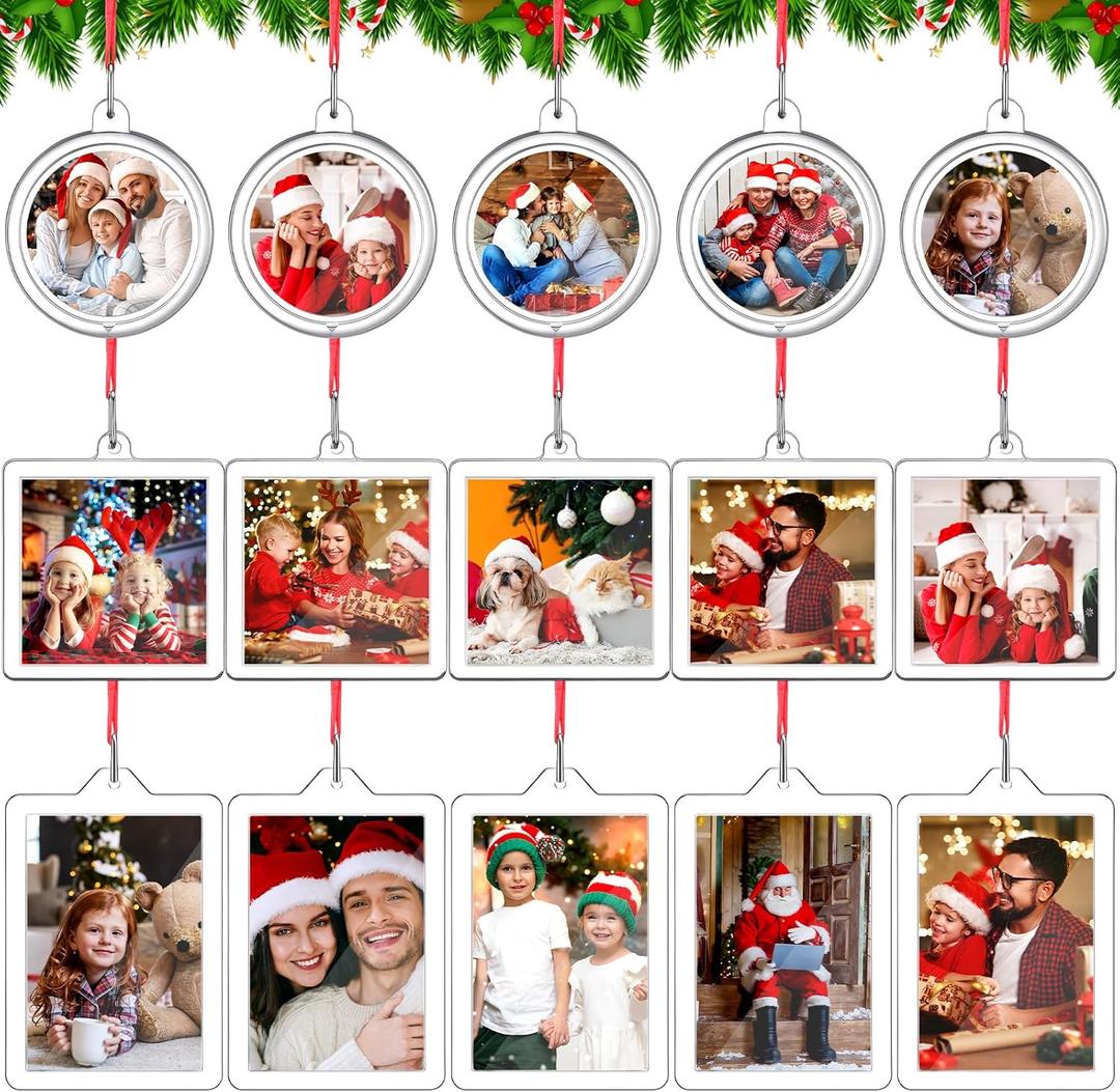15 Pcs Christmas Photo Frame Ornaments Mini Acrylic Christmas Hanging Ornaments with Red Ribbon Picture Frame Round Square Rectangle Xmas Tree Decoration for Holiday Gift Party Decor