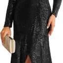 Women's Long Sequin Formal Dresses Long-Sleeve Cocktail Wedding Guest Dresses Elegant V Neck Party Gowns (XX-Large, Black-t36)