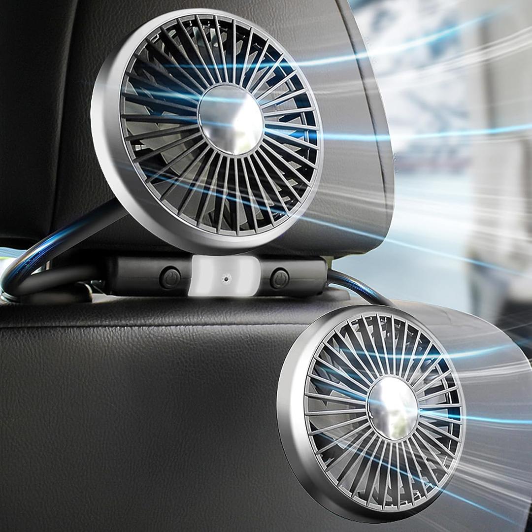 Dealswin Car Fan for Backseat, Dual Head Hose Car Seat Fan with Led Lights, Portable USB Fan for Car, 3 Speeds and 360 Degree Rotatable Cooling Car Fans for Vehicles RV SUV Truck