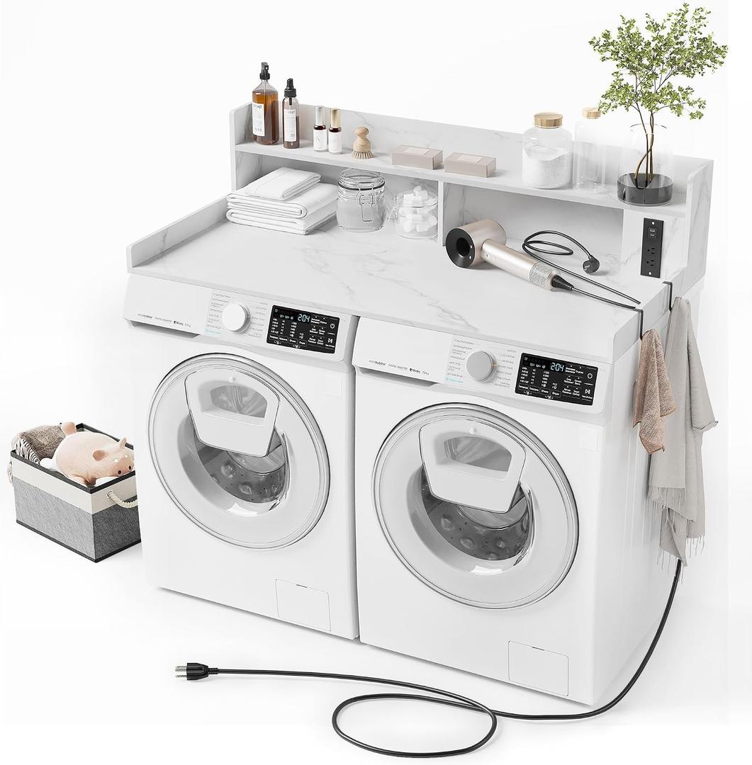 Upgraded 2-Tier Washer and Dryer Countertop with Power Outlet,54" W x 27.6" D Large Laundry Countertop for Fold Clothes, Laundry Topper with Non-Slip Pads & Metal Hooks and Storage Basket