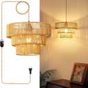 Plug-in Pendant Light Bohemian-Style Rattan Adjustable Dimmer Bamboo Wicker Lampshade Ceiling Fixture Plug-in Power Cord, Suitable for Living Rooms, bedrooms, and Kitchens