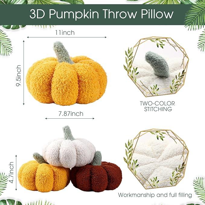 Kajaia 4 Pcs Fall Decor Thanksgiving Pumpkin Throw Pillow Fall Pillow 11 Inches 7 Inches 3D Cushion Thanksgiving Sherpa Plush Fluffy Stuffed for Autumn Christmas Home Sofa(Yellow)