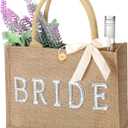 Silkfly Wedding Bride Bag Natural Jute Tote with Ribbon Bride Gift Bag with Handle for Shower(Silver Edges,Bride)
