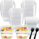 100 Pack Disposable Clear Plastic Cups Ice-cream Cups with Lids and Sporks, 8 oz Square PET Sundae Dessert Cups for Iced Coffee Cold Drinks Frozen Yogut Fruits Jello Snacks Bubble Boba Juice Milkshake