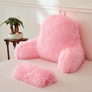XeGe Faux Fur Reading Pillow Cover (No Filler), Fluffy Back Rest Pillow Case for Sitting in Bed, Adults Kids Girls Shaggy Sit Up Back Support Study Pillow Cover for Couch Chair Home Decoration, Pink
