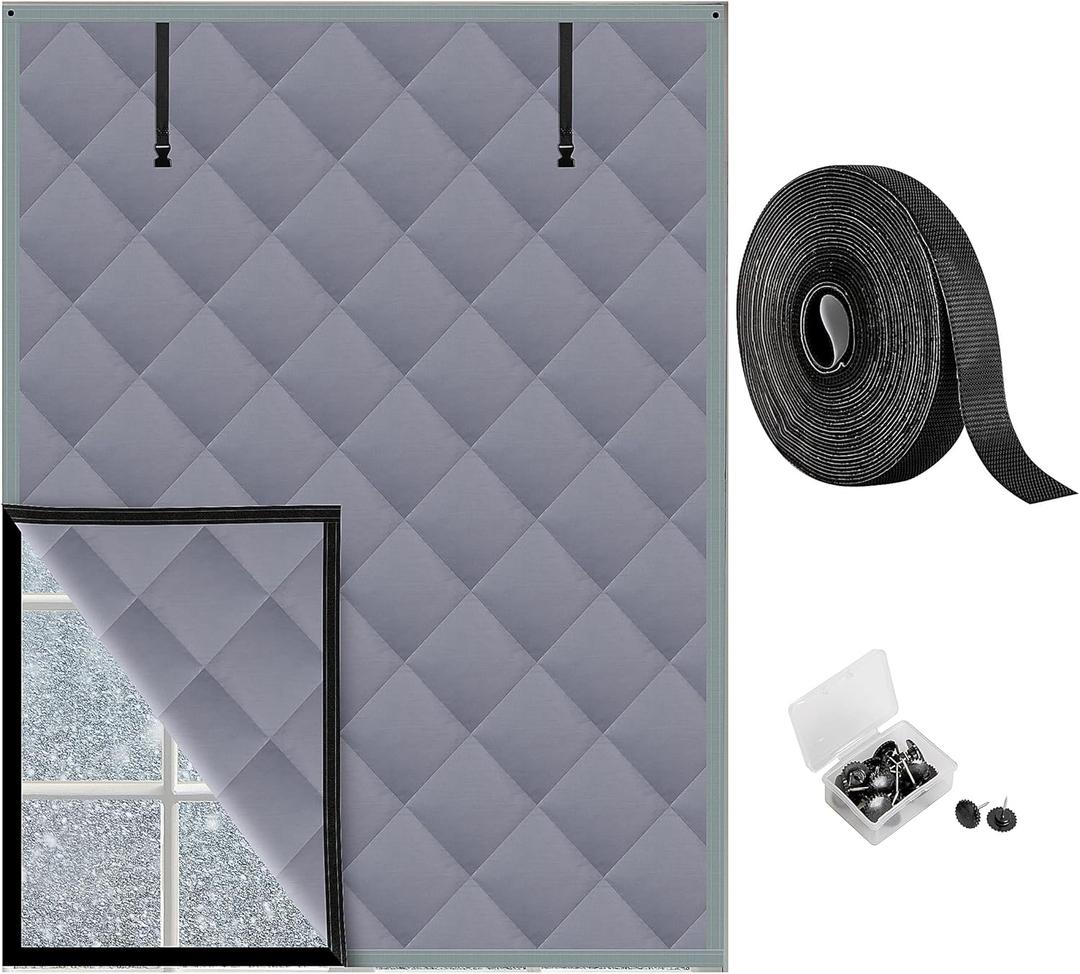 3 Layer 63 x 47 Inches Winter Insulated Window Curtain-Oxford Thermal Insulated Window Blanket with Fastener-Gray Window Insulation Kit for Winter Keeping Warm