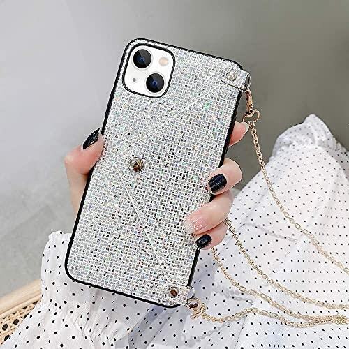 Omorro for iPhone 14 Bling Case with Glitter Diamond Sequins, Small Credit Card Cash Holder Wallet Case, Shiny Crossbody Chain, Hard PC Back Protective Girly Stand Case - White
