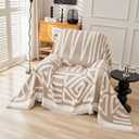VClife Couch Chair Cover Non Slip Armchair Cover for Dog Bohemian Beige White Geometric Pattern Chair Covers for Living Room Bedroom 1 Piece Chenille Recliner Chair Covers 71"x71"