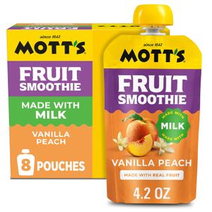 Motts Fruit Smoothies Vanilla Peach, 4.2 oz clear pouches, 8 Pack, Made With Milk, Made With Real Fruit, Good Source of Calcium, On-the-Go, BBD: 06/03/26