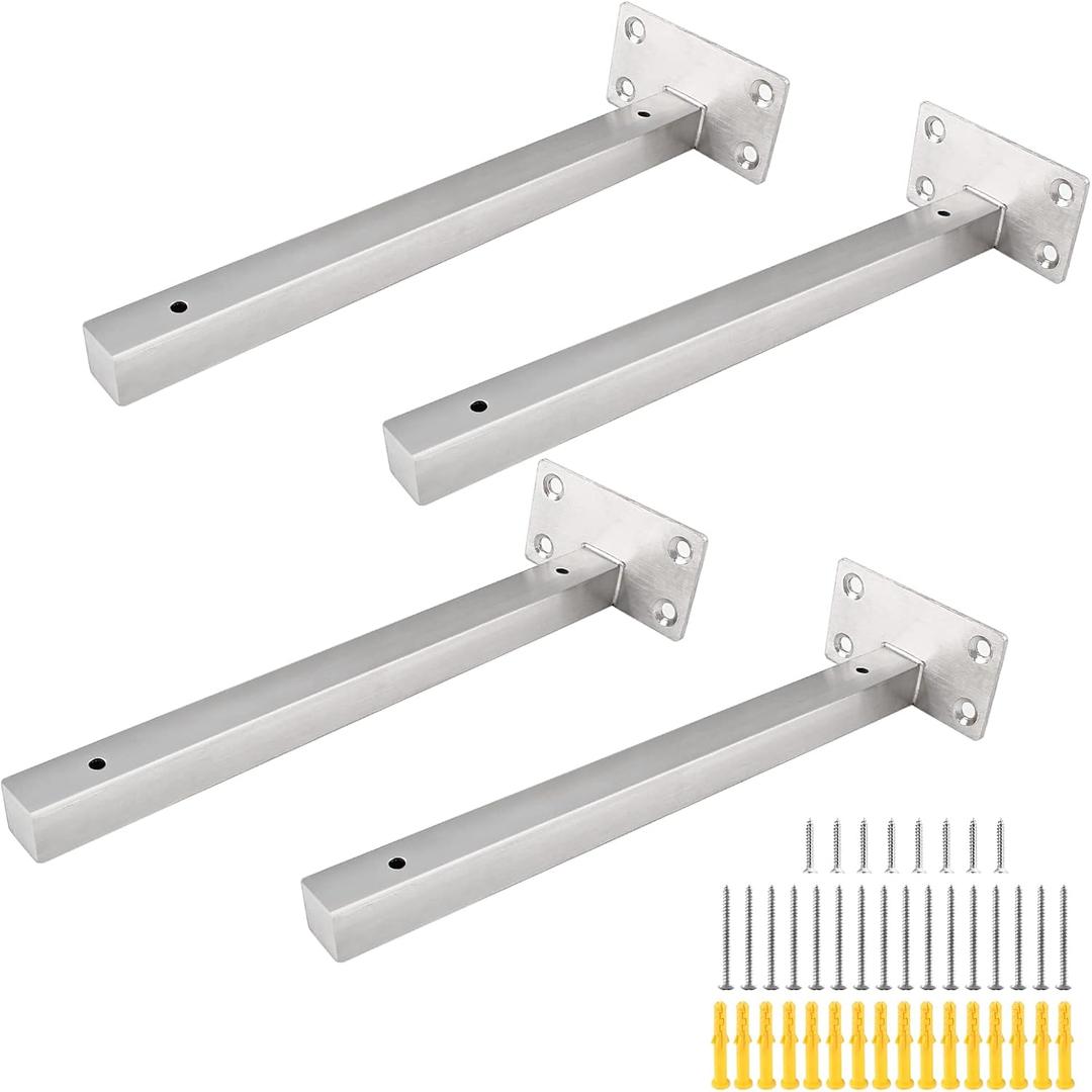 Luomorgo 4 Pcs Floating Shelf Bracket 10 Inch Shelf Brackets Heavy Duty Silver Blind Shelf Support Bracket, Stainless Steel Hidden Wall Mounted Shelf Brackets with Screws & Wall Plugs