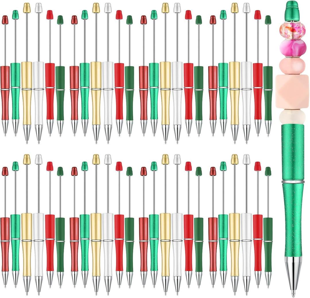Kosiz 60 Pieces Plastic Beadable Pen Beaded Black Ink Ballpoint Pens for Office Supplies Gifts(Red, Green Series,Classic)