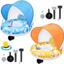 2Sets Motorized Pool Float for Adults, Electric Inflatable Pool Lounger with Canopy, Float Chair Tube with Pusher Handles, Cup holder, Foot Pump for Summer Swimming Party Beach Water Lake(Blue Green)