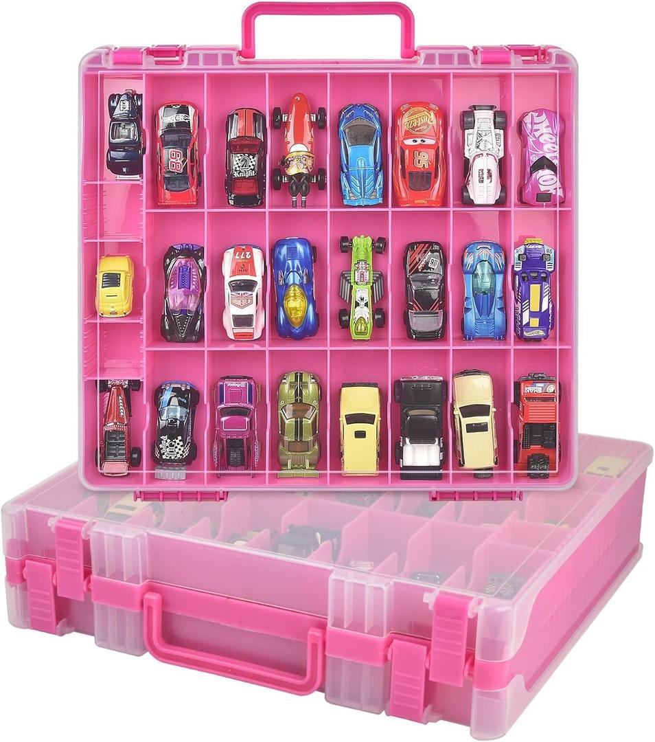 Toy Car Storage Organizer Case Compatible with Hot Wheels/for Matchbox Cars. Display Carrying Container Holder for LOL Surprise Dolls/for Shopkins with 48 Compartments Double Sided-Pink (Box Only)