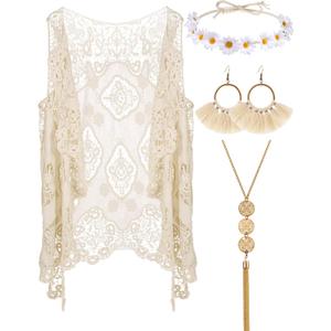 WILLBOND 4 Pcs Halloween 60s 70s Outfits for Women Hippie Costume 70s Costume Tops Accessories Women Fringe Hippie Vest (X-Large, White)