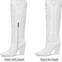 ISNOM Women's Cowgirl Boots Pull On Knee High Boots, Cowboy Western Embroidered Chunky Block Heel Pointed Toes Boots (White), US 8