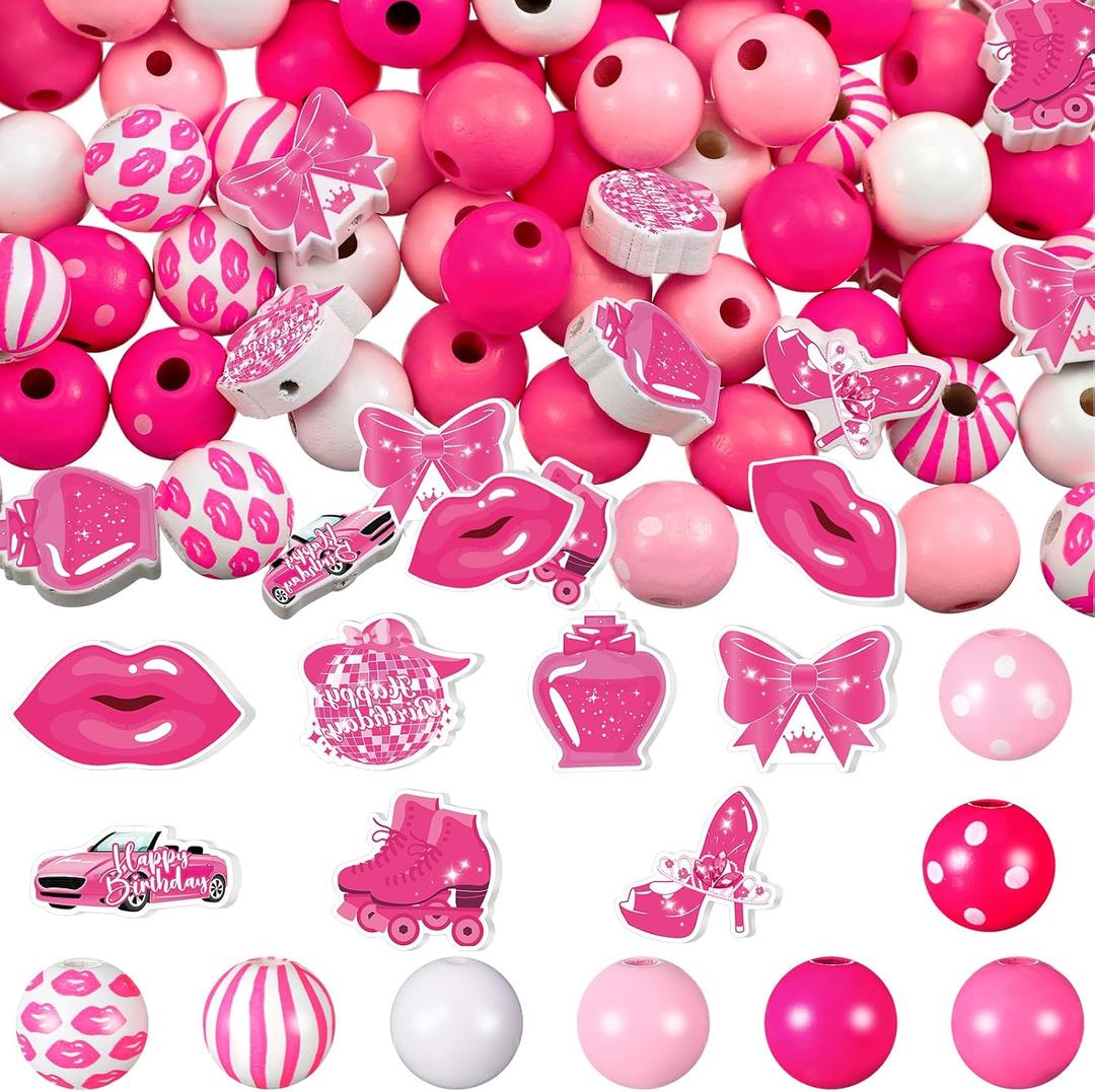 Waydress 200 Pcs Pink Wooden Beads for Crafts 16mm Large Printed Wood Beads Bulk with Bows Disco Ball Charms for Hair Keychain Making Bachelorette Party Birthday Decor Pen DIY Garland