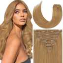 Loxxy 140g 22 Inch Clip in Hair Extensions Human Hair Strawberry Blonde #27 Full Head Seamless Silky Straight Natural Hair Extensions Clip in Double Weft Brazilian Human Hair 7pcs 16 Clips