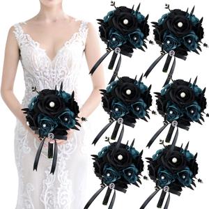 Set of 6 Bridesmaid Bouquets for Wedding - 7 inch Artificial Flower Bouquet Silk Rose with Pearls Gothic Small Floral Bouquets for Bridal Shower Marriage Proposal Halloween Party Ceremony Anniversary (Black & Blue)