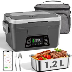 Cordless Electric Lunch Box for Adults with APP Control, 1.2L Portable Heated Lunch Box Battery Powered with Automatic Heating, Self-Heating Food Warmer for Work, 248F Max, Leak Resistant (Gray)