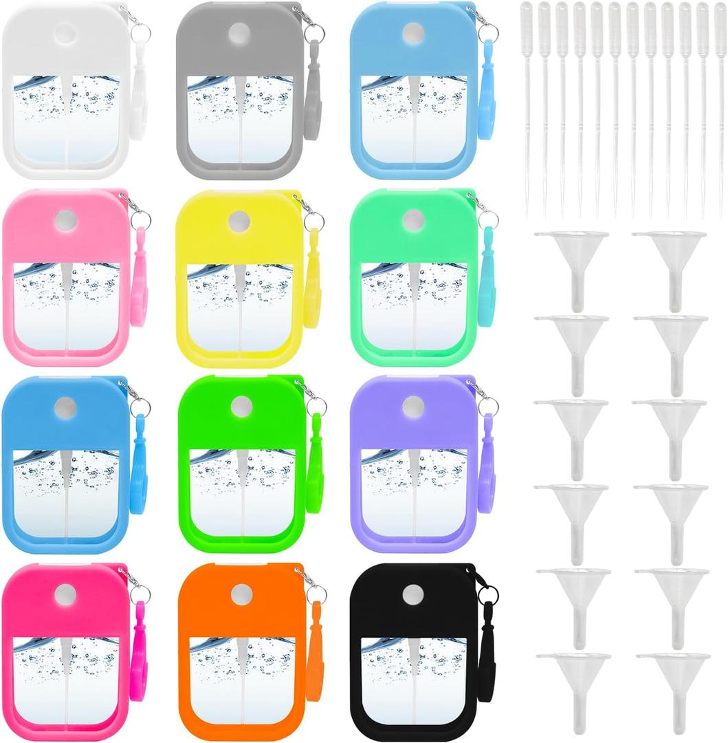 Jolbndcv 12 Pack Card Spray Bottle 38ml Portable Perfume Spray Bottle Mini Card Shape Reusable Sprayer Bottle Refillable Empty Bottles with Hook Funnels, Droppers