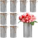 Domensi 5.91 in High Farmhouse Vase Decor Galvanized Metal Flower Vase with Twine Bow Vintage Rustic Tin Flower Buckets for Artificial Floral Table Container DIY(Iron Color,8 Pcs)