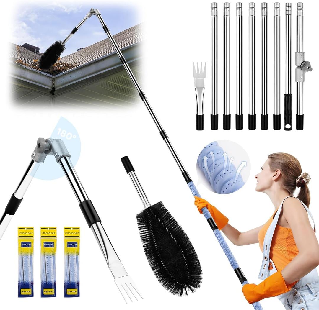 11.8 FT Gutter Cleaning Tools From the Ground, No Ladder Needed - Adjustable Gutter Cleaner Pole with Brush & Shovel for Roof Rain Gutters, Cleans Leaves, Branches & Debris, with Grip Tapes