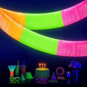 KatchOn, Neon Fringe Banner  8.2 Feet, Pack of 2 | Neon Banner for Rave Party Decorations, Glow Parties Glow in The Dark Streamers for Birthday, Bachelorette Party (Neon Orange, Green and Hot Pink)