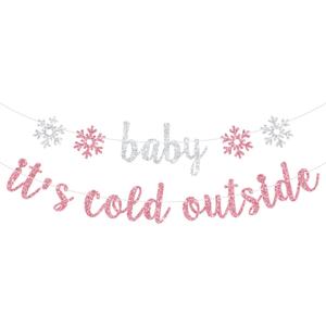 Baby It's Cold Outside Banner, A Little Snowflake is on the Way, Welcome Sweet Snowflake, Winter Girls Baby Shower Gender Reveal Party Decorations Pink Glitter