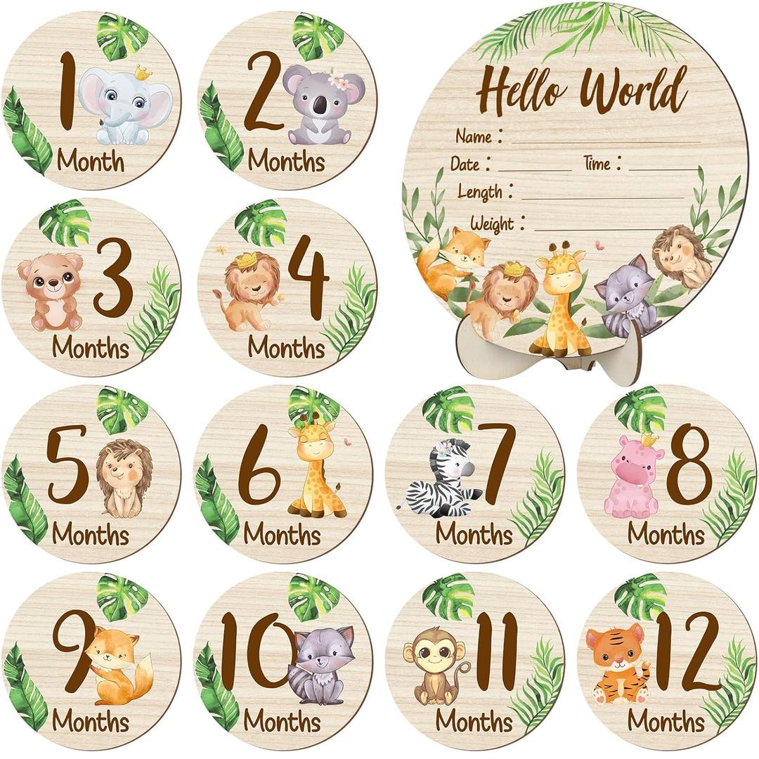 Wooden Baby Monthly Milestone Cards Double Sided Baby Birth Announcement Sign, Hello World Milestone Sign Discs Pregnancy and Baby Shower Gifts for Newborn Photo Props