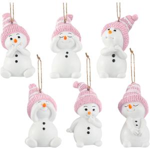 Lyrow 6 Packs Resin Pink Snowman Christmas Ornament with Various Animated Faces Christmas Tree Hanging Decorations, Party Decors for Gift Holiday Stocking Stuffers Tree Wreath Mantel Garland Decor