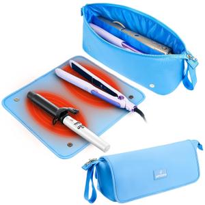 Hair Tools Travel Bag with Heat Resistant Mat, Portable 2 in 1 Hair Storage Bag for Curling Iron, Flat Irons, Straighteners and Haircare Accessories(Blue)