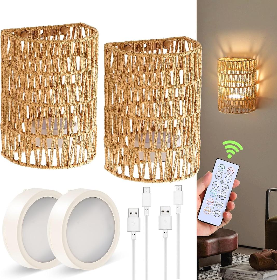 Battery Operated Wall Sconce, Rattan Rechargeable Wall Sconce, Boho Wall Sconces Battery Operated with Remote, Wireless Sconces Set of 2 for Bedrooms, Hallway, Living Room