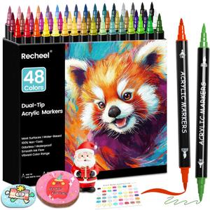48 Colors Acrylic Paint Markers, Dual Tip with Precision Fine Tip and Versatile Brush Tip Pens for Creative DIY, Crafting, Stone, Wood, Canvas, Glass, Metal, and More