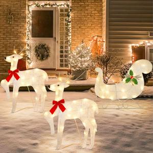 ATDAWN Lighted Christmas Reindeer Sleigh Yard Decoration, 60 Lights Christmas Deer Outdoor Decoration, Light Up Display