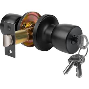 JO.KO Door Knob with Lock and Keyed, Black Matte Round Ball Lock Interior/Exterior Door Knob for Bedroom Or Bathroom/Entry Door Handle (1 Piece)