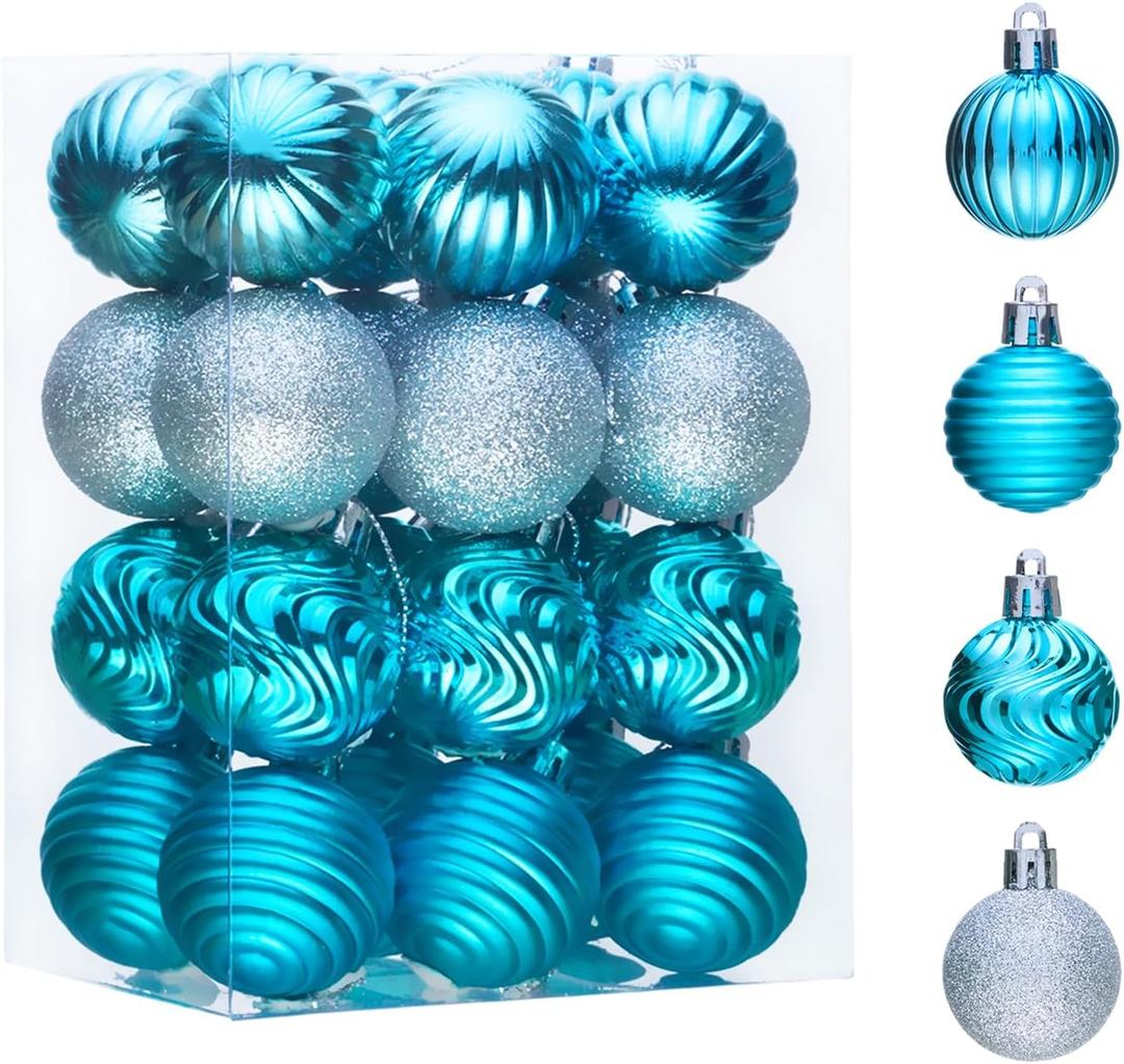 24ct 1.57" Small Mini Little Christmas Ball Ornaments Set for Tree Decorations, Blue Silver Winter Wonderland Shatterproof Plastic Xmas Balls Decor Hanging Ornament Bulk for Holiday Birthday Party
