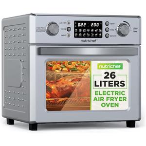 NutriChef 26L Electric Air Fryer Oven | 1700W Countertop Rotisserie & Air Fryer | 360 Rotating Feature | 10 Digital Menu Presets | Includes Drip Tray, Air Frying Basket & Bake Rack 15x16x14 (Silver)