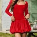 HYPERFIRE Women's Elegant Long Sleeve Scoop Neck Puff Bubble Mini Cocktail Dress Party Club (Red)