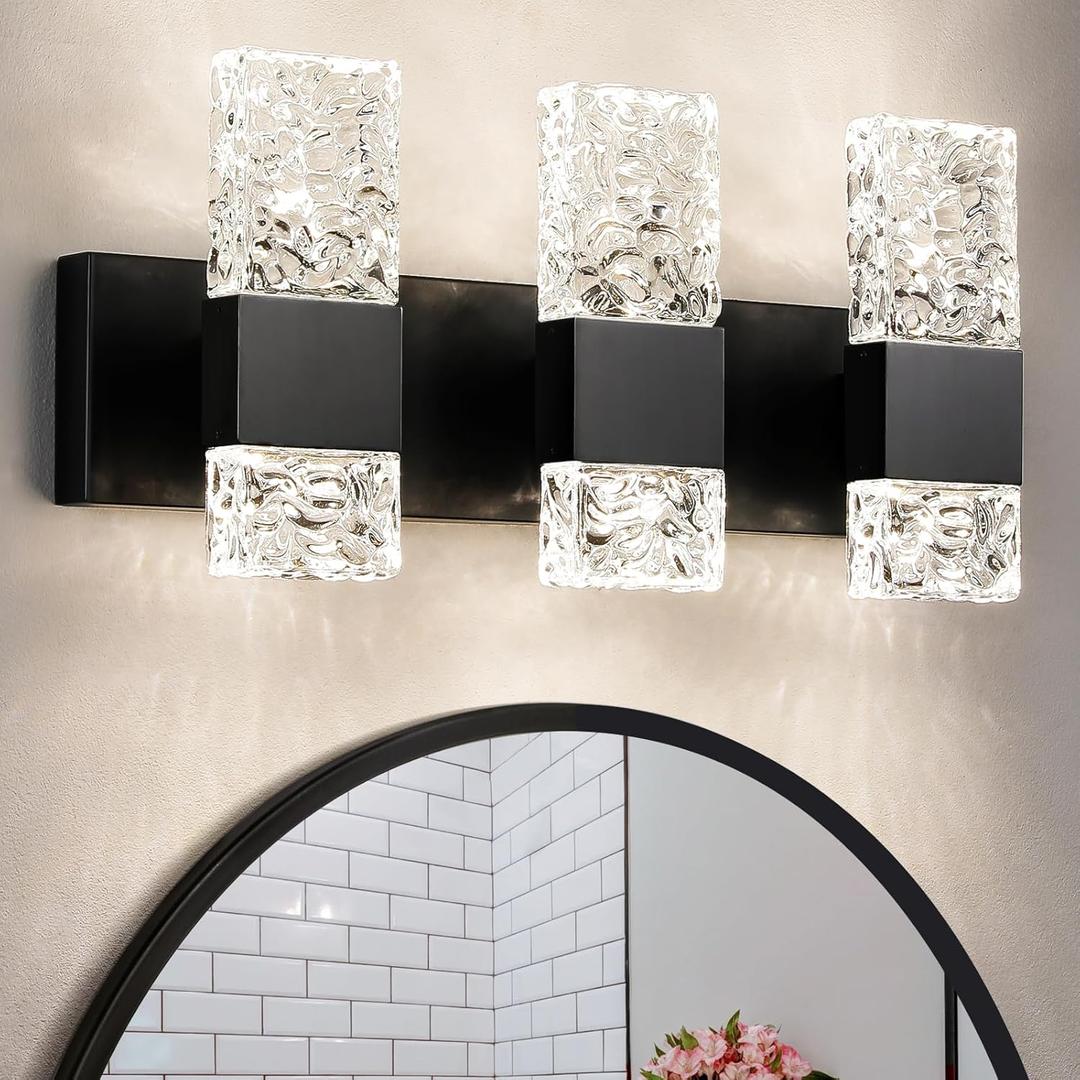 Modern Bathroom Lights - Bathroom Light Fixtures Over Mirror 30W Dimmable Crystal Wall sconces 3 Lights Black Brushed Hardwired Wall Lights 4000K LED Bathroom Vanity Light Fixtures