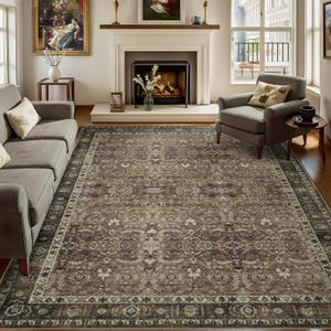  8x10 Vintage Washable Area Rug for Living Room,Low Pile Non Slip Carpet Non-Shedding Large Area Rug Soft Indoor Stain Resistant Rug Floral Print Mat for Bedroom Dining Room Brown Floral