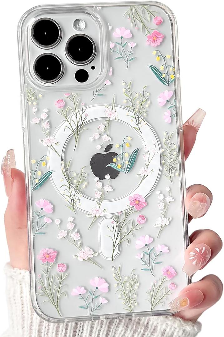 Lovmooful Magnetic Compatible for iPhone 15 Pro Max Case Compatible for MagSafe Cute Clear Flower Floral with Aesthetic Design for Girls Women Soft TPU+PC Shockproof Protective Girly-Many Flowers