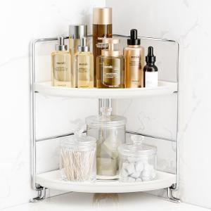 FSyueyun 2-Tier Corner Bathroom Counter Organizer, Tool-Less Installation Vanity Shelf Small Plastics Countertop Makeup Tray Skincare Perfume Organizers (Silver)