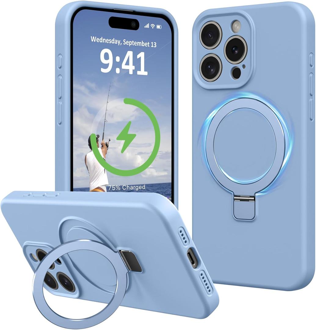 Compatible with iPhone 14 Pro Max Case Stand, Slim Full Camera Protection Liquid Silicone Phone Case Suitable for iPhone 14 Pro Max Compatible with MagSafe Ring Magnet Kickstand, Light Blue